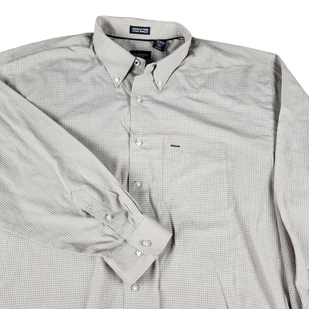 Van Heusen Shirt Mens XL Beige Check Wrinkle Free Button Down Long Sleeve